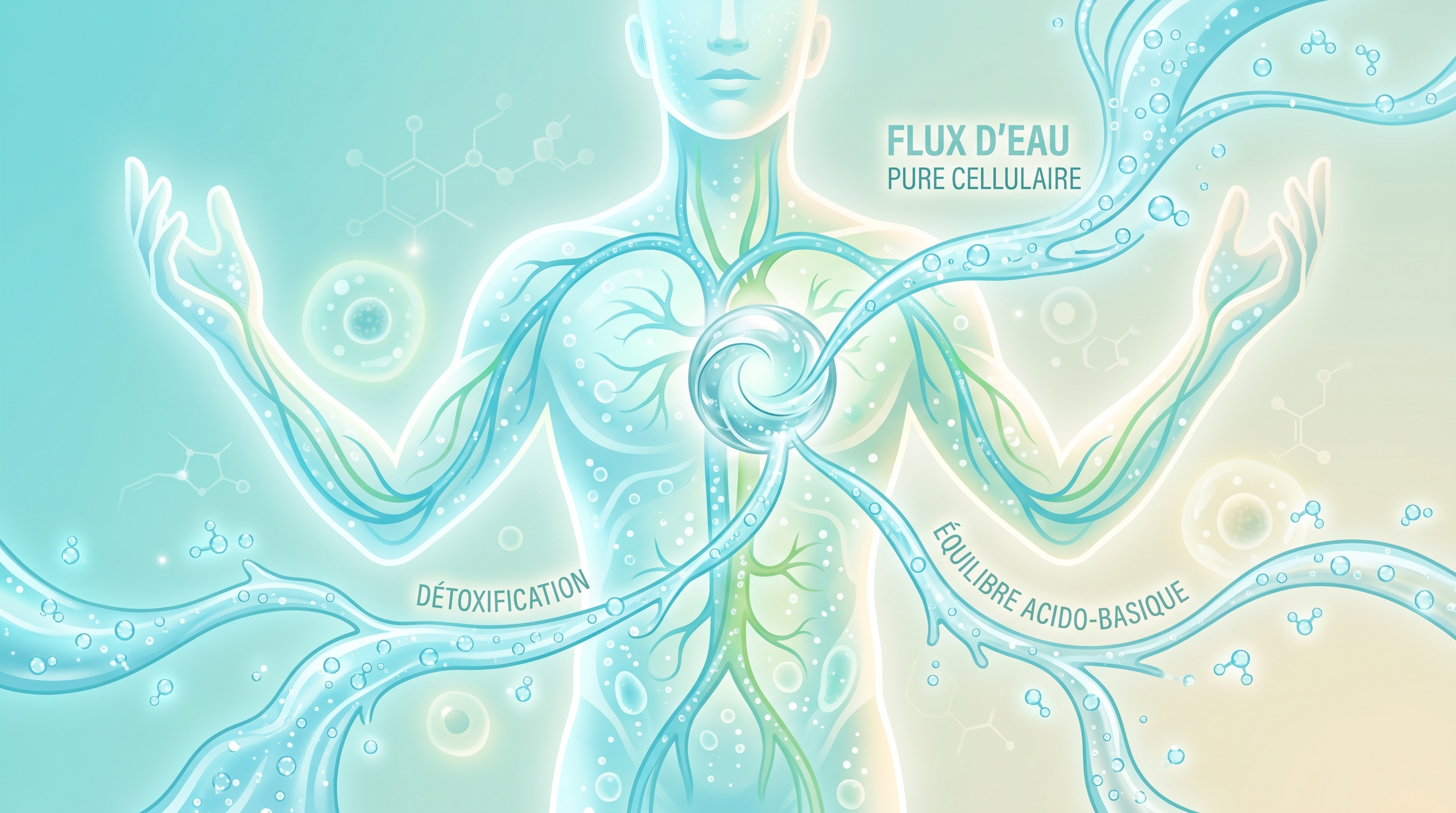 Vue d'un corps humain sain et d'un flux d'eau pure cellulaire, symbolisant la détoxification et l'équilibre acido-basique, couleurs épurées, 16:9